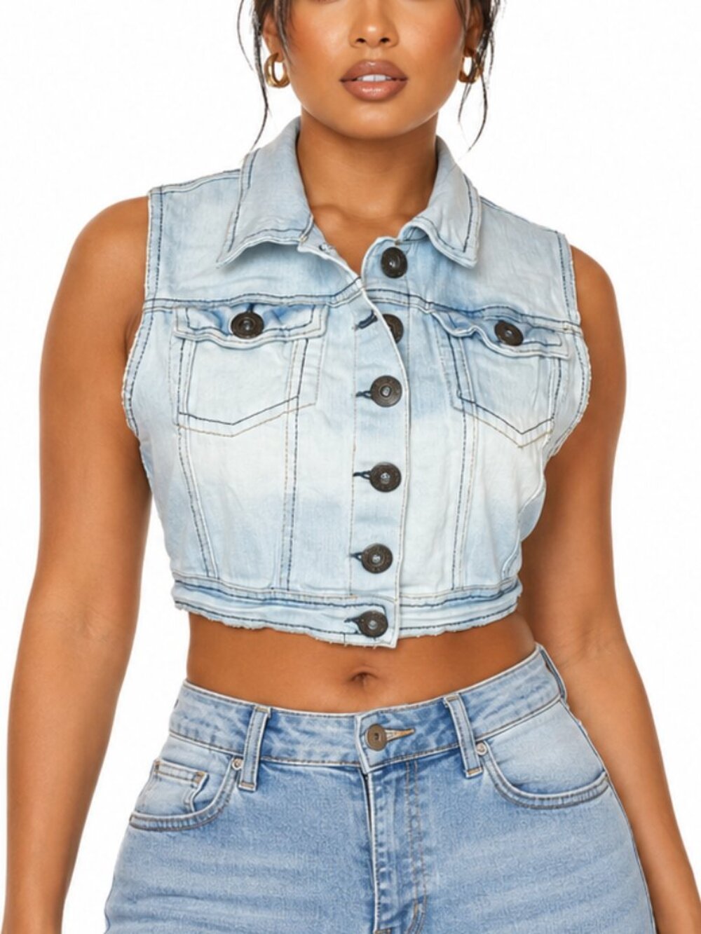 HIGHWAY JEANS Y2K Bleached Star Cropped Denim Vest Light Wash L